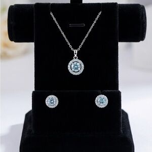 NWT 2-Piece Set: 1ct Blue Moissanite Halo Necklace & Earrings | Sterling Silver